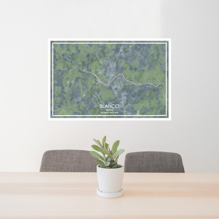 24x36 Blanco Texas Map Print Lanscape Orientation in Afternoon Style Behind 2 Chairs Table and Potted Plant