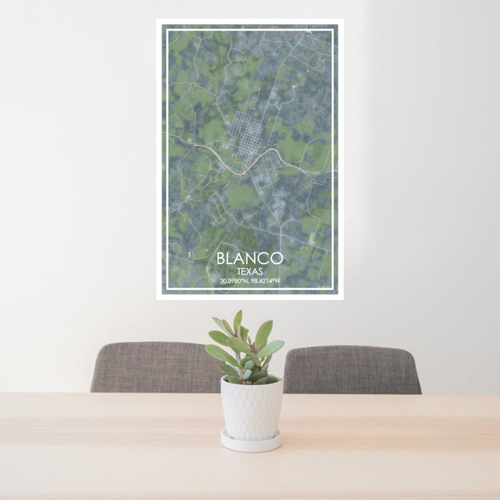 24x36 Blanco Texas Map Print Portrait Orientation in Afternoon Style Behind 2 Chairs Table and Potted Plant