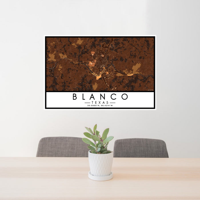 24x36 Blanco Texas Map Print Lanscape Orientation in Ember Style Behind 2 Chairs Table and Potted Plant