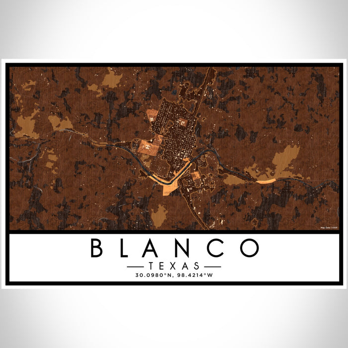 Blanco Texas Map Print Landscape Orientation in Ember Style With Shaded Background