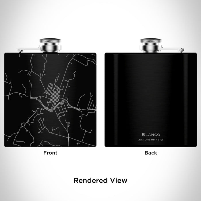 Rendered View of Blanco Texas Map Engraving on 6oz Stainless Steel Flask in Black