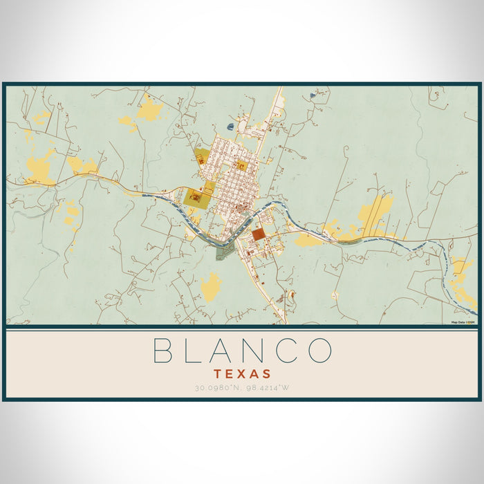 Blanco Texas Map Print Landscape Orientation in Woodblock Style With Shaded Background