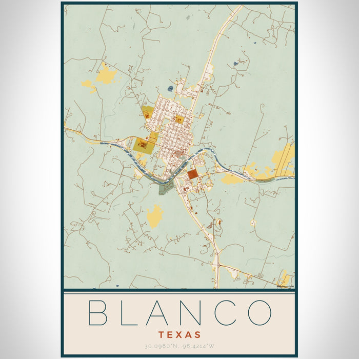 Blanco Texas Map Print Portrait Orientation in Woodblock Style With Shaded Background
