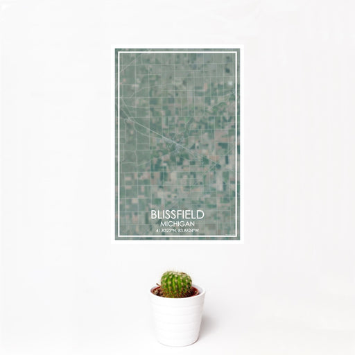 12x18 Blissfield Michigan Map Print Portrait Orientation in Afternoon Style With Small Cactus Plant in White Planter