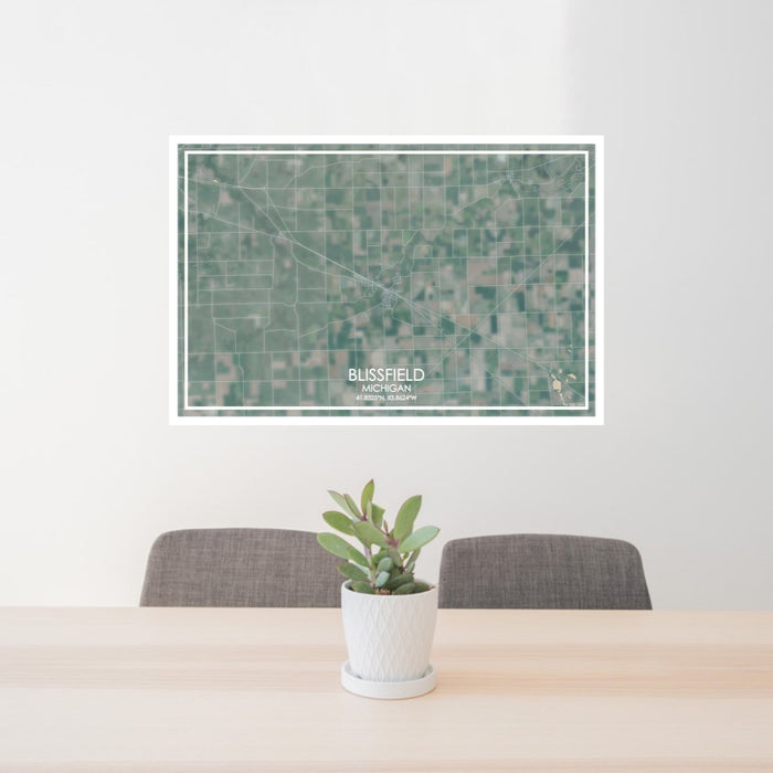 24x36 Blissfield Michigan Map Print Lanscape Orientation in Afternoon Style Behind 2 Chairs Table and Potted Plant