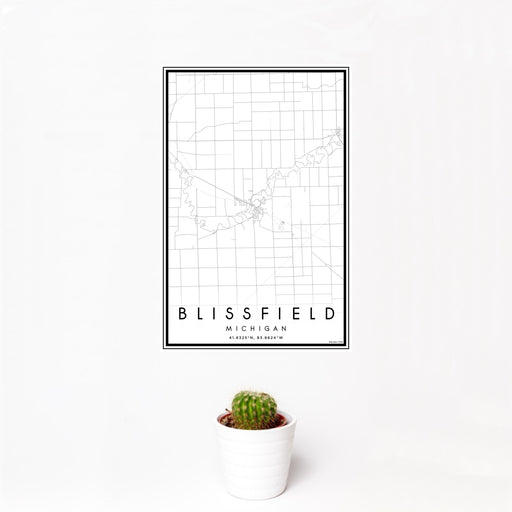 12x18 Blissfield Michigan Map Print Portrait Orientation in Classic Style With Small Cactus Plant in White Planter