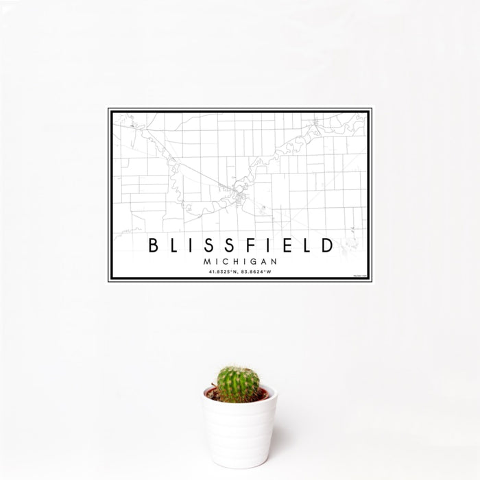 12x18 Blissfield Michigan Map Print Landscape Orientation in Classic Style With Small Cactus Plant in White Planter