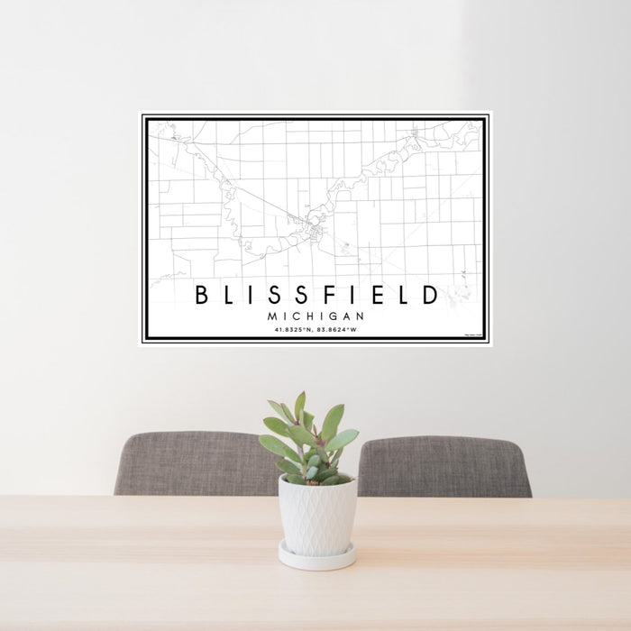 24x36 Blissfield Michigan Map Print Landscape Orientation in Classic Style Behind 2 Chairs Table and Potted Plant