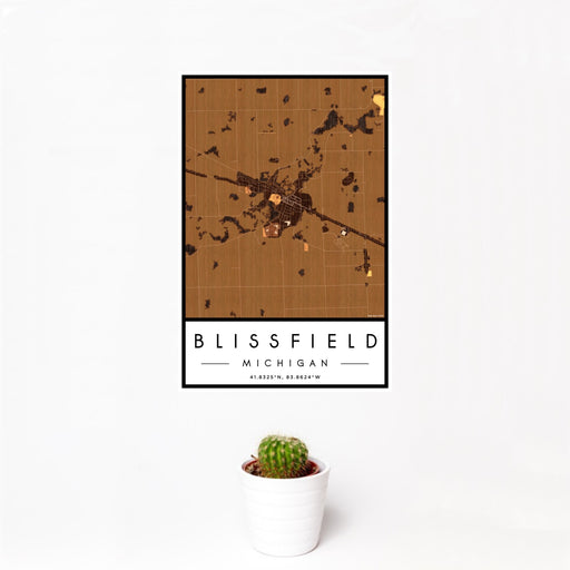 12x18 Blissfield Michigan Map Print Portrait Orientation in Ember Style With Small Cactus Plant in White Planter