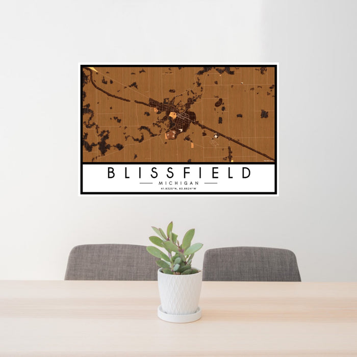 24x36 Blissfield Michigan Map Print Landscape Orientation in Ember Style Behind 2 Chairs Table and Potted Plant