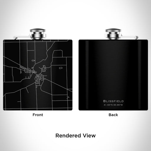 Rendered View of Blissfield Michigan Map Engraving on 6oz Stainless Steel Flask in Black