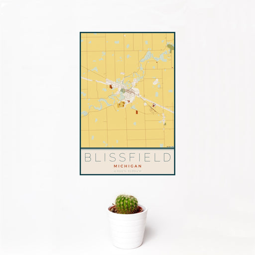 12x18 Blissfield Michigan Map Print Portrait Orientation in Woodblock Style With Small Cactus Plant in White Planter