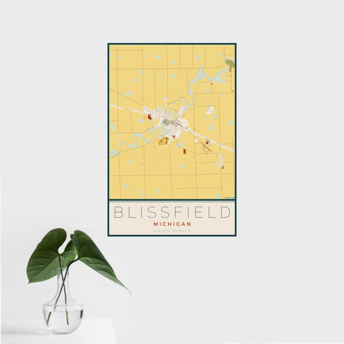16x24 Blissfield Michigan Map Print Portrait Orientation in Woodblock Style With Tropical Plant Leaves in Water