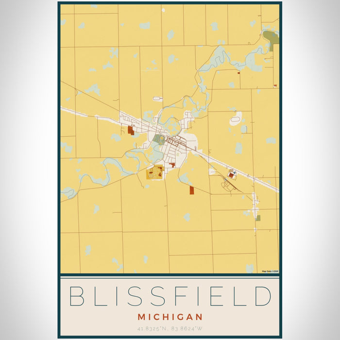 Blissfield Michigan Map Print Portrait Orientation in Woodblock Style With Shaded Background