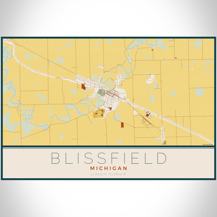 Blissfield Michigan Map Print Landscape Orientation in Woodblock Style With Shaded Background