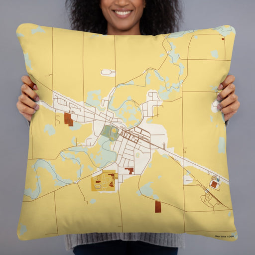 Person holding 22x22 Custom Blissfield Michigan Map Throw Pillow in Woodblock
