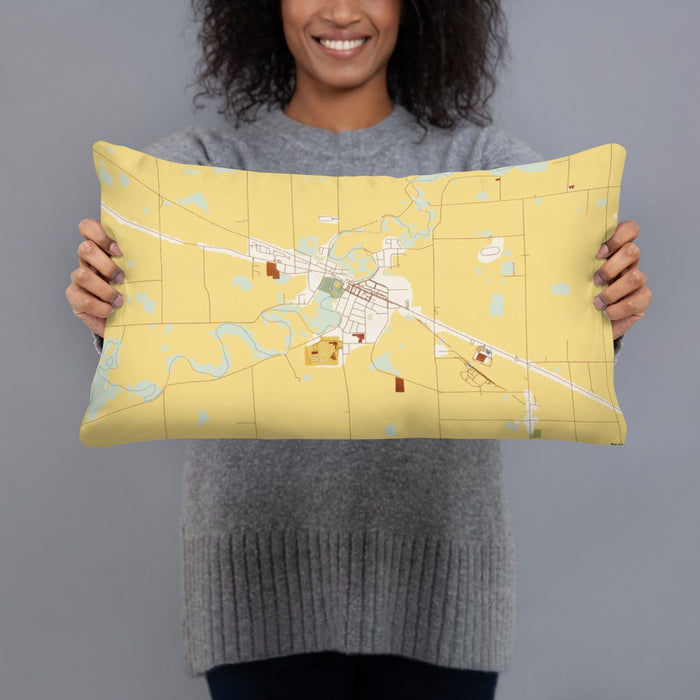 Person holding 20x12 Custom Blissfield Michigan Map Throw Pillow in Woodblock