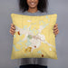 Person holding 18x18 Custom Blissfield Michigan Map Throw Pillow in Woodblock