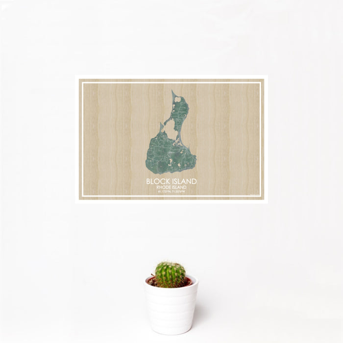 12x18 Block Island Rhode Island Map Print Landscape Orientation in Afternoon Style With Small Cactus Plant in White Planter