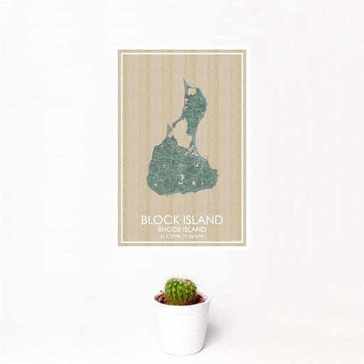 12x18 Block Island Rhode Island Map Print Portrait Orientation in Afternoon Style With Small Cactus Plant in White Planter