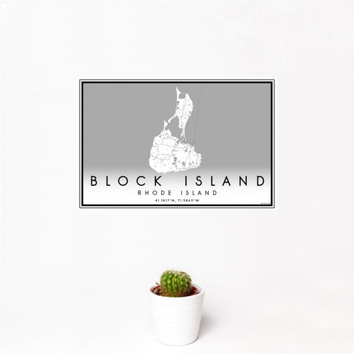12x18 Block Island Rhode Island Map Print Landscape Orientation in Classic Style With Small Cactus Plant in White Planter