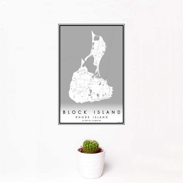12x18 Block Island Rhode Island Map Print Portrait Orientation in Classic Style With Small Cactus Plant in White Planter