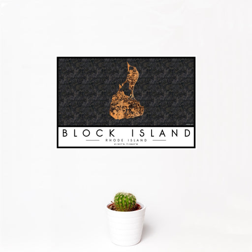 12x18 Block Island Rhode Island Map Print Landscape Orientation in Ember Style With Small Cactus Plant in White Planter