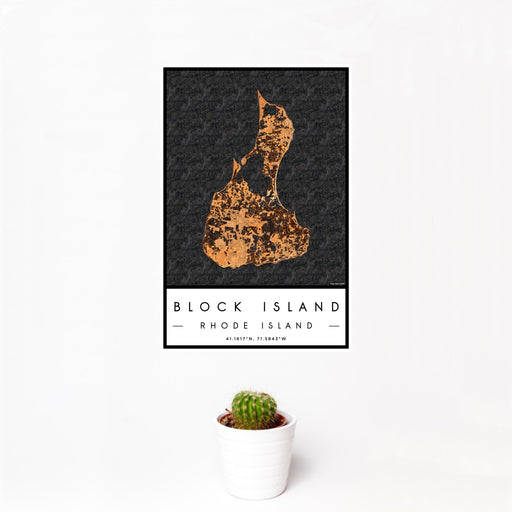 12x18 Block Island Rhode Island Map Print Portrait Orientation in Ember Style With Small Cactus Plant in White Planter
