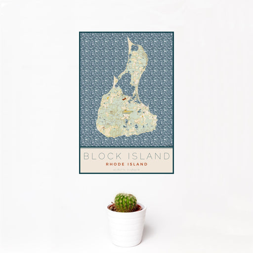 12x18 Block Island Rhode Island Map Print Portrait Orientation in Woodblock Style With Small Cactus Plant in White Planter