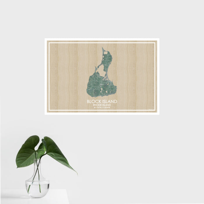 16x24 Block Island Rhode Island Map Print Landscape Orientation in Afternoon Style With Tropical Plant Leaves in Water
