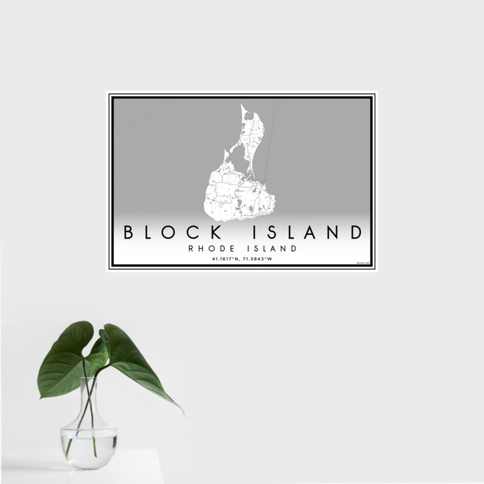 16x24 Block Island Rhode Island Map Print Landscape Orientation in Classic Style With Tropical Plant Leaves in Water