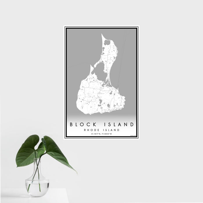 16x24 Block Island Rhode Island Map Print Portrait Orientation in Classic Style With Tropical Plant Leaves in Water