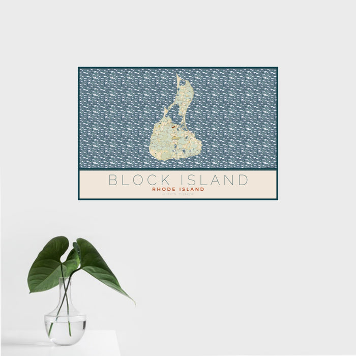 16x24 Block Island Rhode Island Map Print Landscape Orientation in Woodblock Style With Tropical Plant Leaves in Water