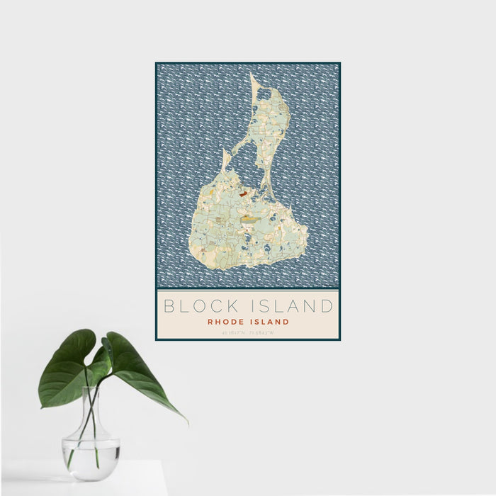 16x24 Block Island Rhode Island Map Print Portrait Orientation in Woodblock Style With Tropical Plant Leaves in Water
