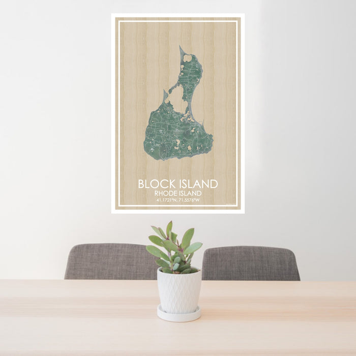 24x36 Block Island Rhode Island Map Print Portrait Orientation in Afternoon Style Behind 2 Chairs Table and Potted Plant