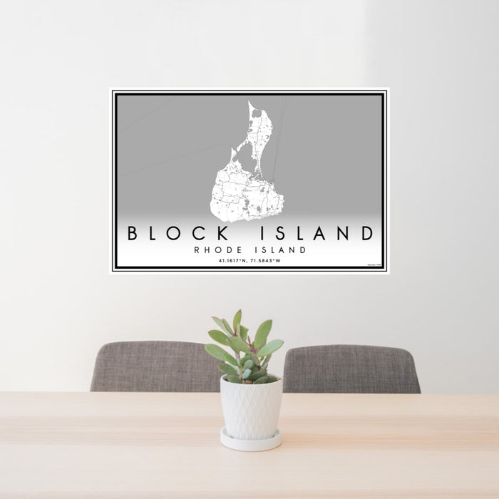 24x36 Block Island Rhode Island Map Print Lanscape Orientation in Classic Style Behind 2 Chairs Table and Potted Plant