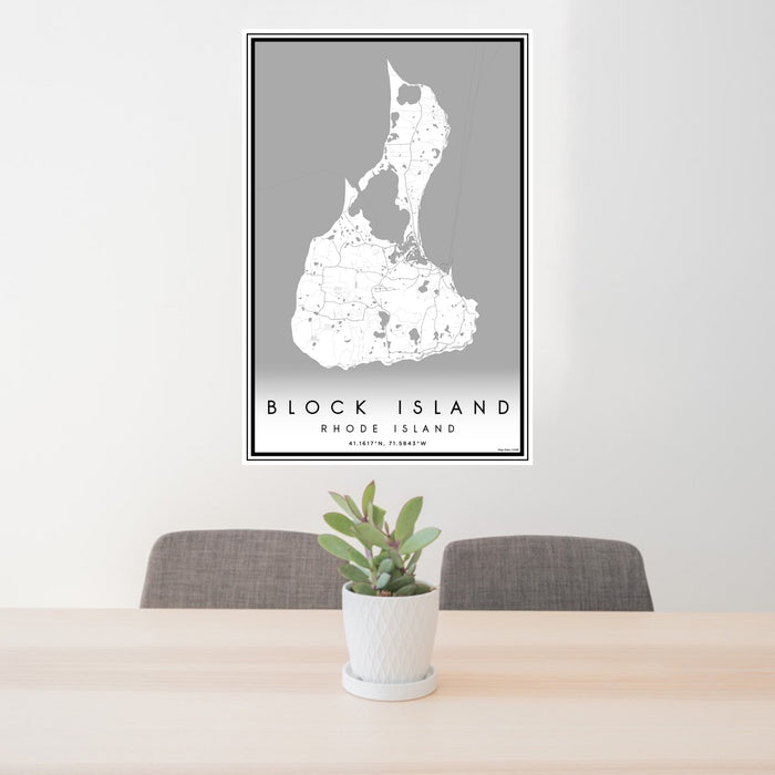 24x36 Block Island Rhode Island Map Print Portrait Orientation in Classic Style Behind 2 Chairs Table and Potted Plant