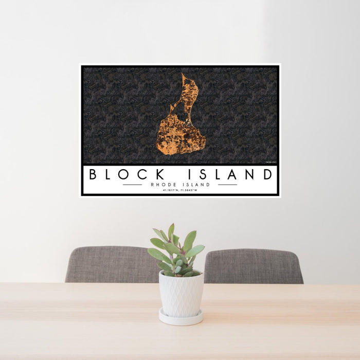 24x36 Block Island Rhode Island Map Print Lanscape Orientation in Ember Style Behind 2 Chairs Table and Potted Plant