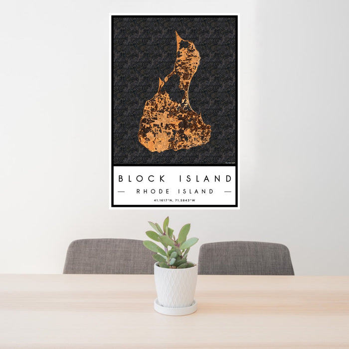 24x36 Block Island Rhode Island Map Print Portrait Orientation in Ember Style Behind 2 Chairs Table and Potted Plant