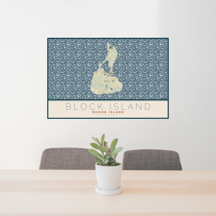 24x36 Block Island Rhode Island Map Print Lanscape Orientation in Woodblock Style Behind 2 Chairs Table and Potted Plant
