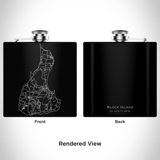 Rendered View of Block Island Rhode Island Map Engraving on 6oz Stainless Steel Flask in Black