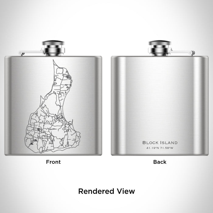 Rendered View of Block Island Rhode Island Map Engraving on 6oz Stainless Steel Flask