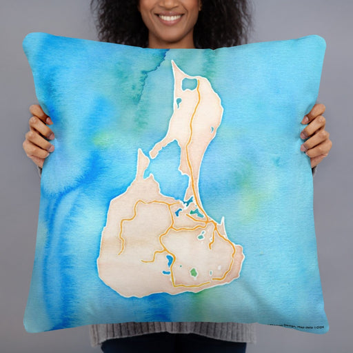 Person holding 22x22 Custom Block Island Rhode Island Map Throw Pillow in Watercolor