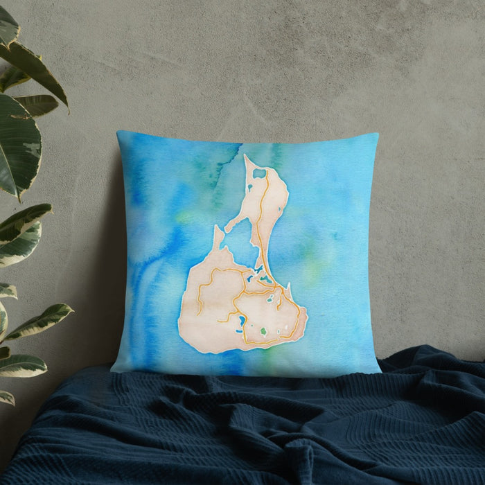 Custom Block Island Rhode Island Map Throw Pillow in Watercolor on Bedding Against Wall