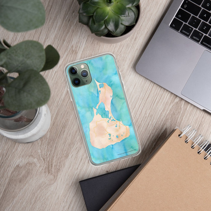Custom Block Island Rhode Island Map Phone Case in Watercolor on Table with Laptop and Plant