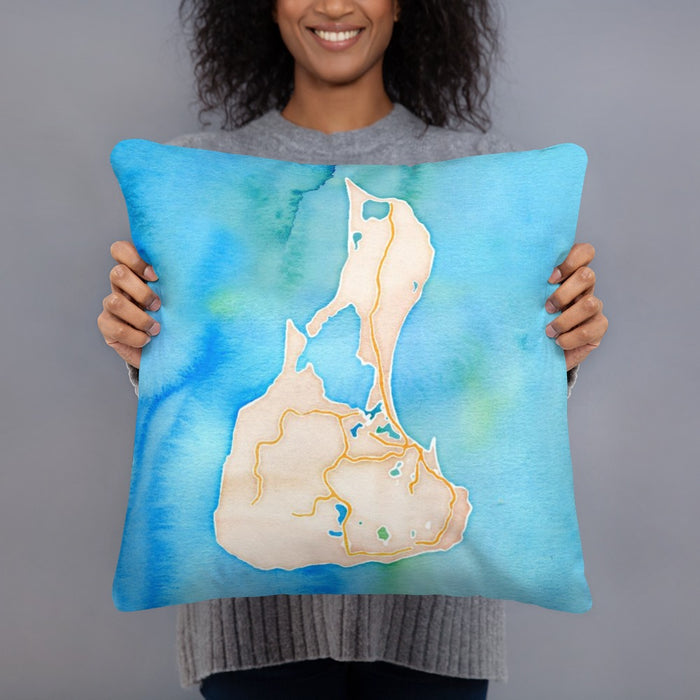 Person holding 18x18 Custom Block Island Rhode Island Map Throw Pillow in Watercolor