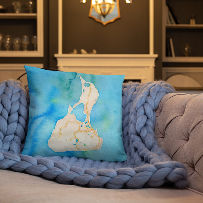 Custom Block Island Rhode Island Map Throw Pillow in Watercolor on Cream Colored Couch