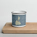 Front View Custom Block Island Rhode Island Map Enamel Mug in Woodblock on Cutting Board