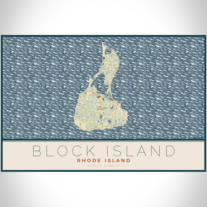 Block Island Rhode Island Map Print Landscape Orientation in Woodblock Style With Shaded Background