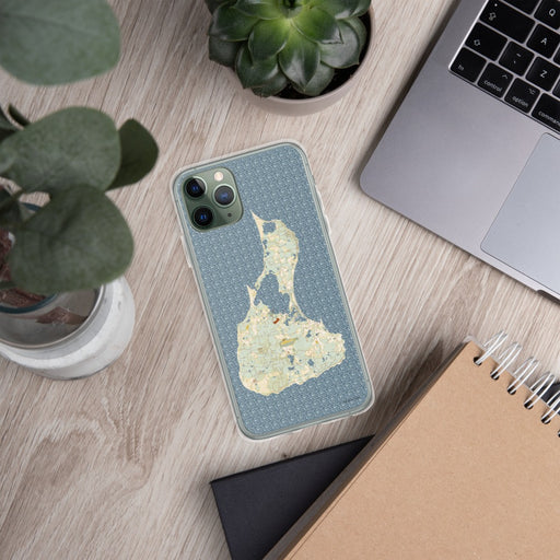 Custom Block Island Rhode Island Map Phone Case in Woodblock on Table with Laptop and Plant